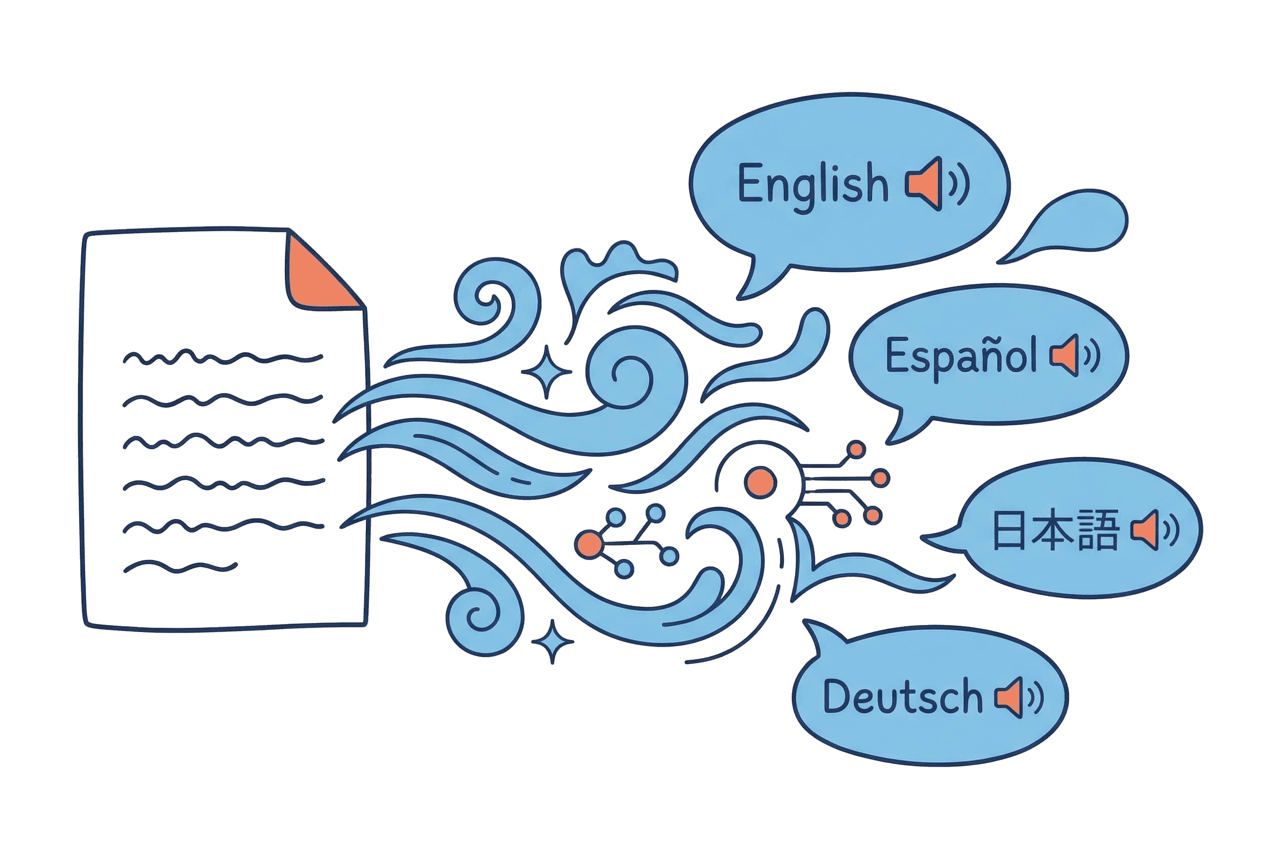 Illustration der Text-to-Speech-Technologie zur Umwandlung eines PDF-Dokuments in gesprochenes Audio